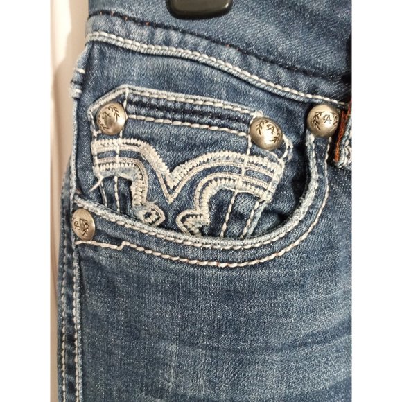 LA Idol Blue Jeans White Stich Whiskers Med Wash Bootcut Flap Pockets Sz 5 - Picture 2 of 8